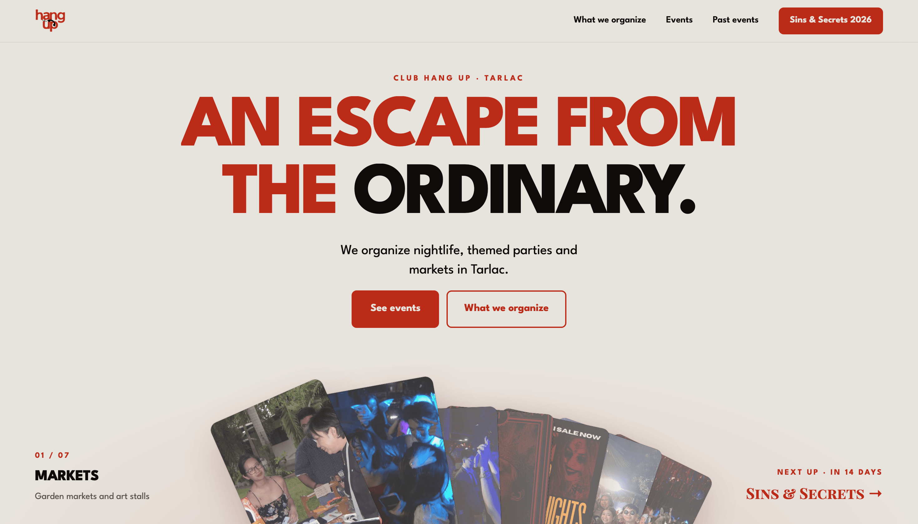 Club Hang Up events website home page, designed and built by LEM Studio, with the headline "An escape from the ordinary" above a fan of event cards